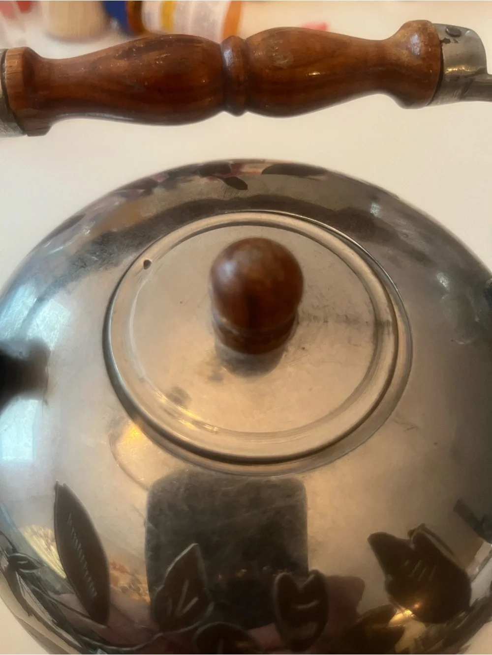 Vintage Silver-Tone Floral Teapot with Wood Handle